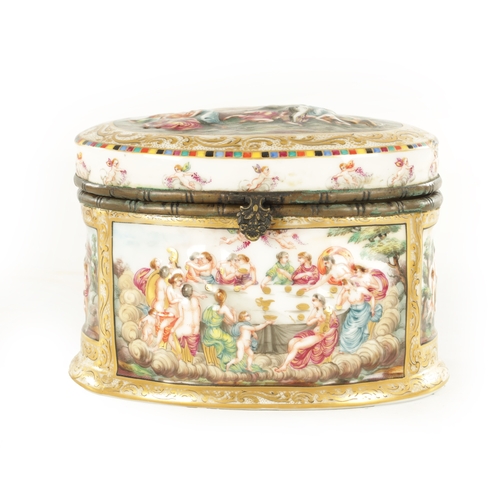 70 - A 19TH CENTURY NAPLES CAPODIMONTE STYLE PORCELAIN AND GILT BRASS MOUNTED CASKET of oval form with cl... 