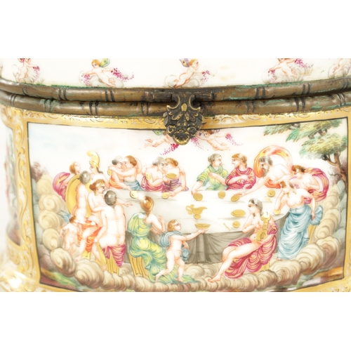 70 - A 19TH CENTURY NAPLES CAPODIMONTE STYLE PORCELAIN AND GILT BRASS MOUNTED CASKET of oval form with cl... 