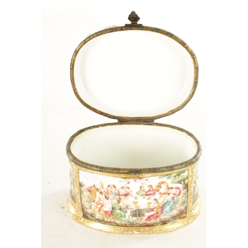 70 - A 19TH CENTURY NAPLES CAPODIMONTE STYLE PORCELAIN AND GILT BRASS MOUNTED CASKET of oval form with cl... 