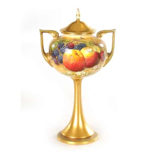 90 - A ROYAL WORCESTER TWIN HANDLED PORCELAIN VASE AND COVER painted by William Ricketts with apples, bla... 