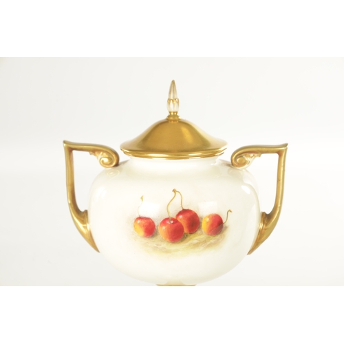 90 - A ROYAL WORCESTER TWIN HANDLED PORCELAIN VASE AND COVER painted by William Ricketts with apples, bla... 