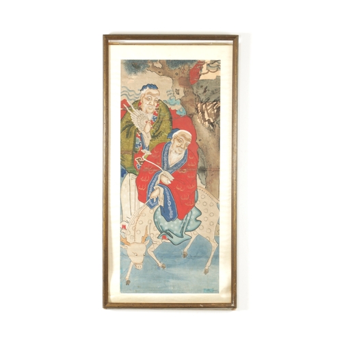 92 - A 19TH CENTURY CHINESE GOUACHE ON PAPER depicting two immortals and spotted deer. (80cm high 34cm wi... 