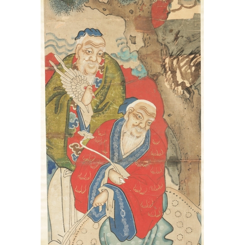 92 - A 19TH CENTURY CHINESE GOUACHE ON PAPER depicting two immortals and spotted deer. (80cm high 34cm wi... 