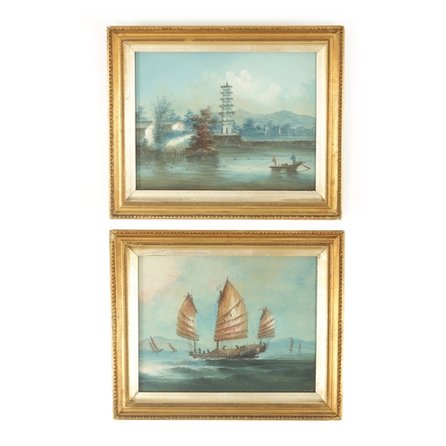 93 - A PAIR OF LATE 19TH CENTURY CHINESE GOUACHE ON BOARDS coastal seascape views with sailboats and a te... 