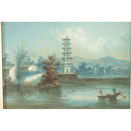 93 - A PAIR OF LATE 19TH CENTURY CHINESE GOUACHE ON BOARDS coastal seascape views with sailboats and a te... 