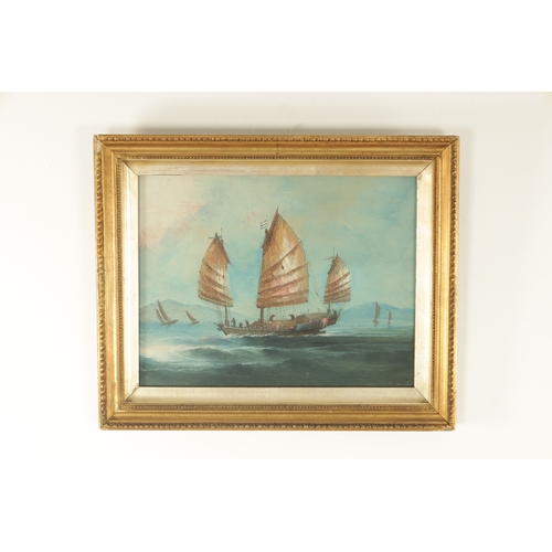 93 - A PAIR OF LATE 19TH CENTURY CHINESE GOUACHE ON BOARDS coastal seascape views with sailboats and a te... 