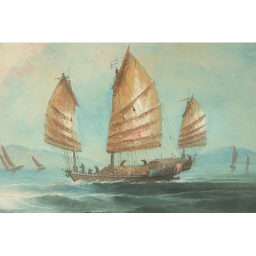 93 - A PAIR OF LATE 19TH CENTURY CHINESE GOUACHE ON BOARDS coastal seascape views with sailboats and a te... 