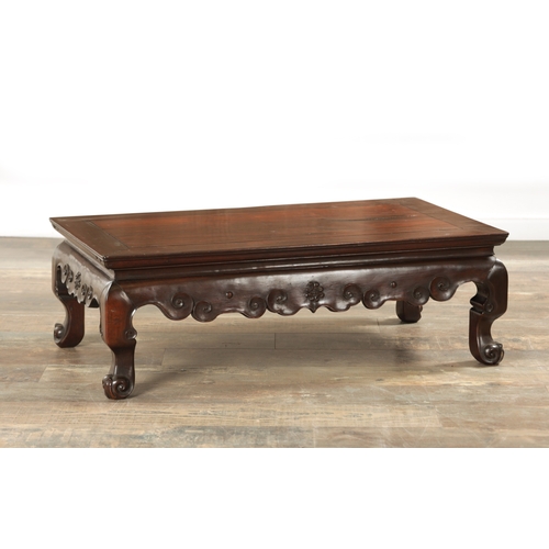 201 - A 19TH CENTURY CHINESE CARVED HARDWOOD ALTAR TABLE with panelled top and cloud carved frieze (81cm w... 