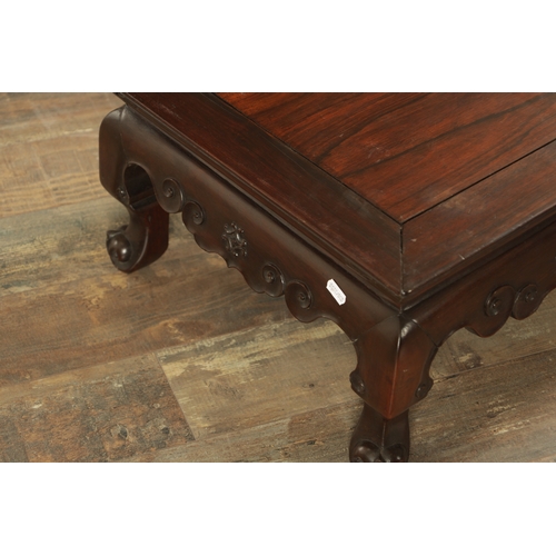 201 - A 19TH CENTURY CHINESE CARVED HARDWOOD ALTAR TABLE with panelled top and cloud carved frieze (81cm w... 