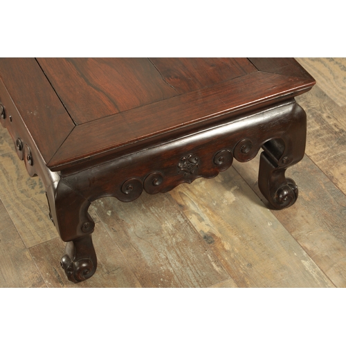 201 - A 19TH CENTURY CHINESE CARVED HARDWOOD ALTAR TABLE with panelled top and cloud carved frieze (81cm w... 