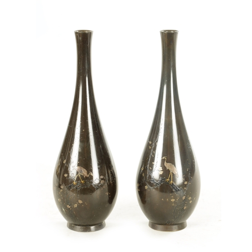 210 - A PAIR OF JAPANESE MEIJI PERIOD BRONZE AND MIXED METAL SLENDER OVOID VASE WITH INLAID STORK DECORATI... 