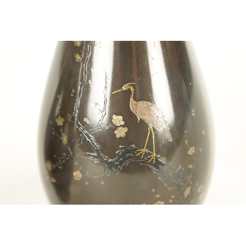 210 - A PAIR OF JAPANESE MEIJI PERIOD BRONZE AND MIXED METAL SLENDER OVOID VASE WITH INLAID STORK DECORATI... 