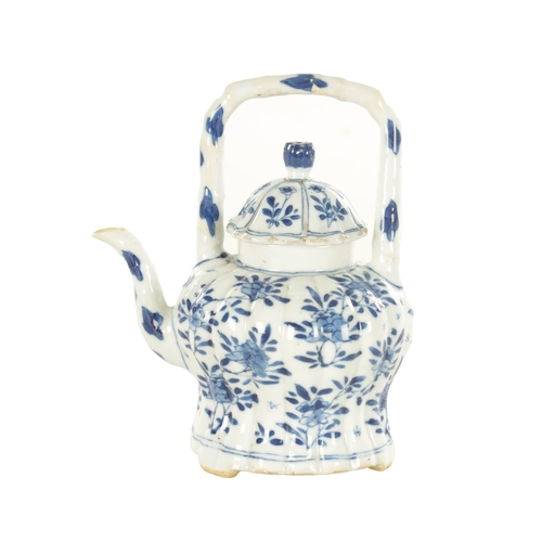 231 - AN EARLY CHINESE BLUE AND WHITE TEAPOT BEARING KANGXI MARK BENEATH the shaped and fluted body with t... 