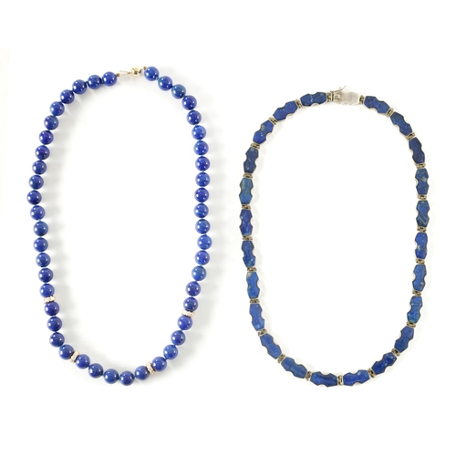 239 - A 14CT GOLD LAPIS LAZULI BEADED NECKLACE AND A SPANISH SILVER AND LAPIS LAZULI NECKLACE, the beaded ... 