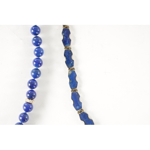 239 - A 14CT GOLD LAPIS LAZULI BEADED NECKLACE AND A SPANISH SILVER AND LAPIS LAZULI NECKLACE, the beaded ... 