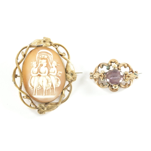 243 - TWO 19TH CENTURY GOLD METAL BROOCHES, a large cameo brooch with three classical maidens and an oval ... 