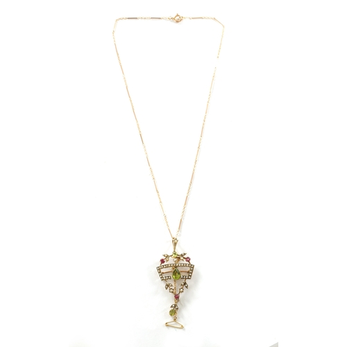 259 - A LATE 19TH CENTURY 9 CT GOLD SUFFRAGETTE PENDANT NECKLACE, the open work floral frame set with peri... 