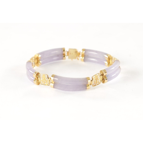 264 - A CHINESE 14CT GOLD LAVENDER JADE BRACELET, each link with pierced Chinese script. Total weight app.... 