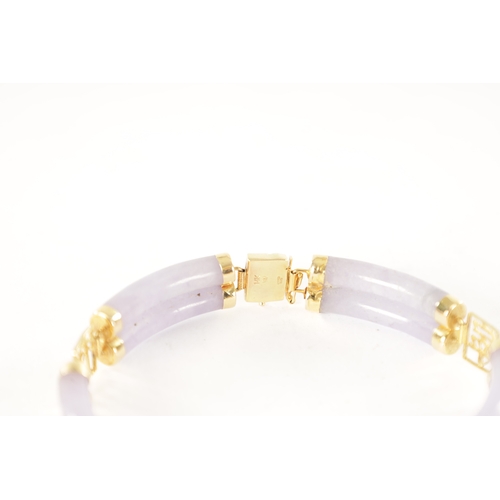 264 - A CHINESE 14CT GOLD LAVENDER JADE BRACELET, each link with pierced Chinese script. Total weight app.... 