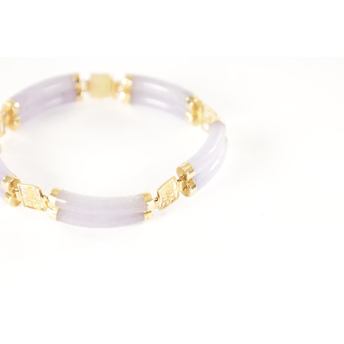 264 - A CHINESE 14CT GOLD LAVENDER JADE BRACELET, each link with pierced Chinese script. Total weight app.... 