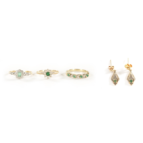 267 - A COLLECTION OF 9CT GOLD EMERALD AND DIAMOND JEWELLERY, comprising of three rings and a pair of earr... 