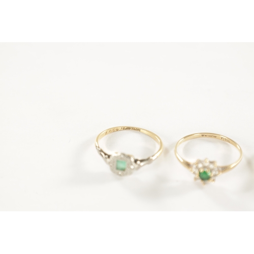 267 - A COLLECTION OF 9CT GOLD EMERALD AND DIAMOND JEWELLERY, comprising of three rings and a pair of earr... 