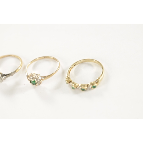 267 - A COLLECTION OF 9CT GOLD EMERALD AND DIAMOND JEWELLERY, comprising of three rings and a pair of earr... 