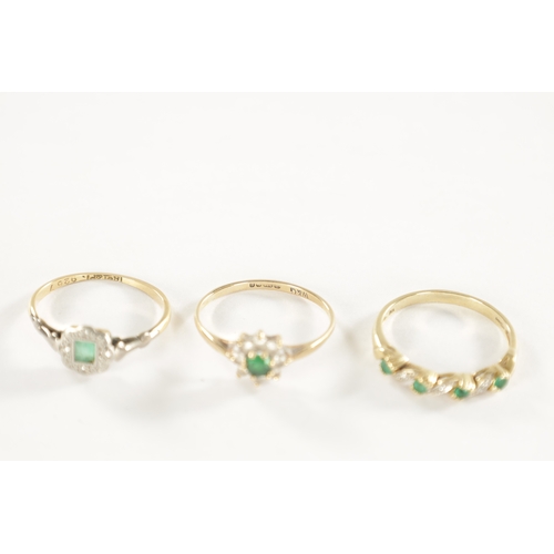 267 - A COLLECTION OF 9CT GOLD EMERALD AND DIAMOND JEWELLERY, comprising of three rings and a pair of earr... 