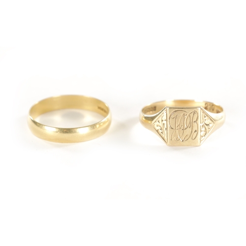 270 - AN 18CT GOLD WEDDING RING AND A GENTLEMAN’S 9CT GOLD RING, the wedding ring weighs app. 3.2g. Two 9c... 