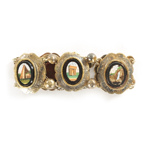 275 - A 19TH CENTURY ITALIAN 'GRAND TOUR' GILT METAL AND MICRO MOSAIC BRACELET depicting views from ancien... 