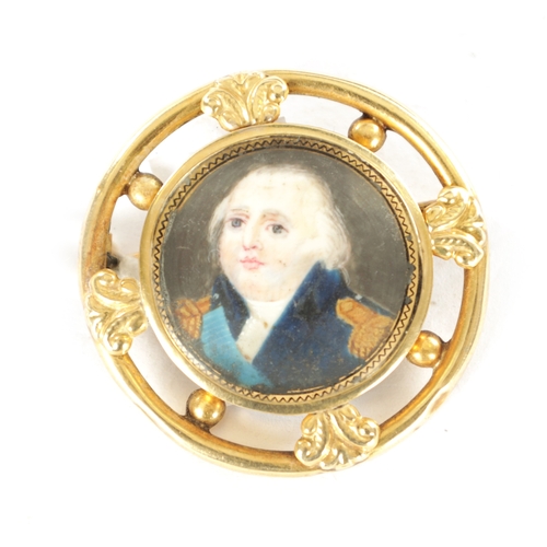 280 - A 19TH CENTURY GOLD FRAMED PORTRAIT BROOCH with a painted centre of Louis XVIII, mother of pearl bac... 