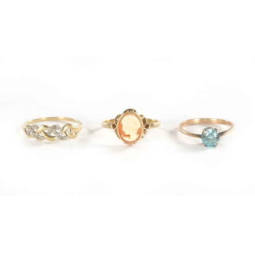 290 - A COLLECTION OF THREE 9CT GOLD RINGS, comprising of a cameo ring, a diamond set platted ring and an ... 