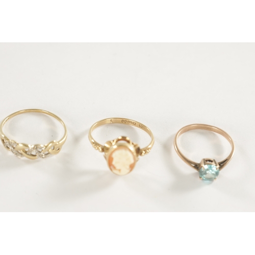 290 - A COLLECTION OF THREE 9CT GOLD RINGS, comprising of a cameo ring, a diamond set platted ring and an ... 