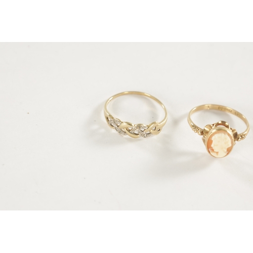 290 - A COLLECTION OF THREE 9CT GOLD RINGS, comprising of a cameo ring, a diamond set platted ring and an ... 