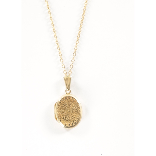 291 - A 9CT GOLD LOCKET PENDANT NECKLACE, with engine-turned decoration. Total weight app. 3.7g