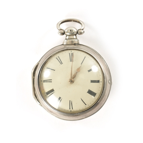 303 - A SILVER PAIR CASED VERGE POCKET WATCH, having a Roman enamel dial fronting a chain driven fusee mov... 