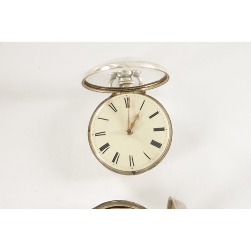 303 - A SILVER PAIR CASED VERGE POCKET WATCH, having a Roman enamel dial fronting a chain driven fusee mov... 