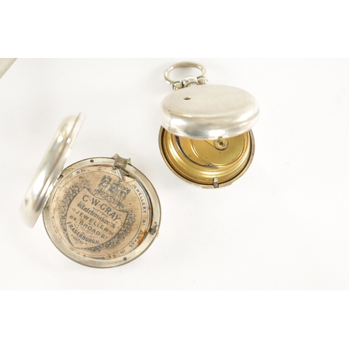 310 - A VICTORIAN SILVER PAIR CASED POCKET WATCH, with Roman enamel dial fronting a chain driven fusee mov... 