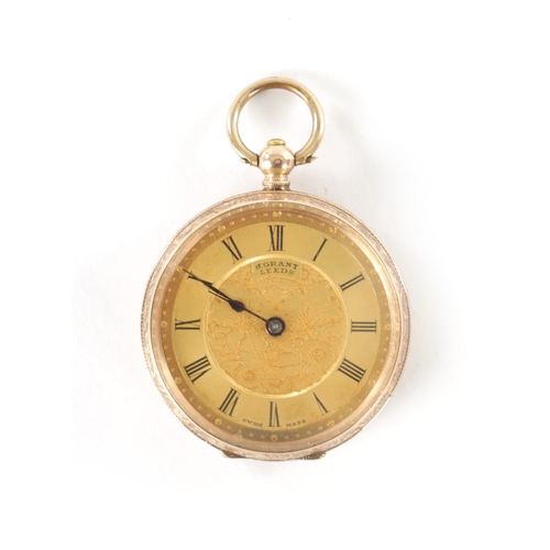 313 - A 9CT GOLD LADIES FOB WATCH having an engraved open face case, gold dial signed J. Grant, Leeds fron... 