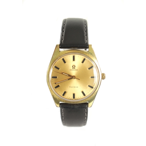 315 - A GENTLEMAN’S VINTAGE GOLD PLATED OMEGA GENEVE WRISTWATCH, on black leather strap, the gilt dial wit... 