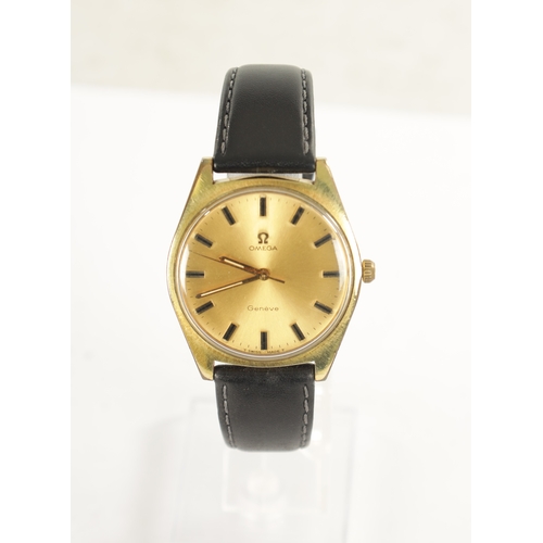 315 - A GENTLEMAN’S VINTAGE GOLD PLATED OMEGA GENEVE WRISTWATCH, on black leather strap, the gilt dial wit... 