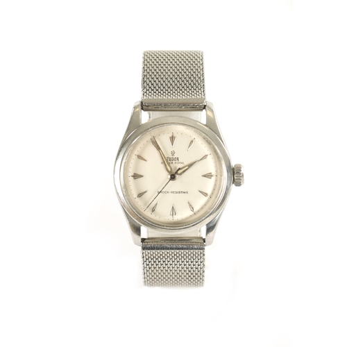 330 - A VINTAGE STAINLESS STEEL ROLEX TUDOR OYSTER ROYAL WRISTWATCH, on later steel bracelet, the silvered... 