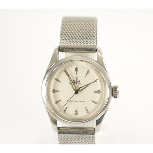 330 - A VINTAGE STAINLESS STEEL ROLEX TUDOR OYSTER ROYAL WRISTWATCH, on later steel bracelet, the silvered... 