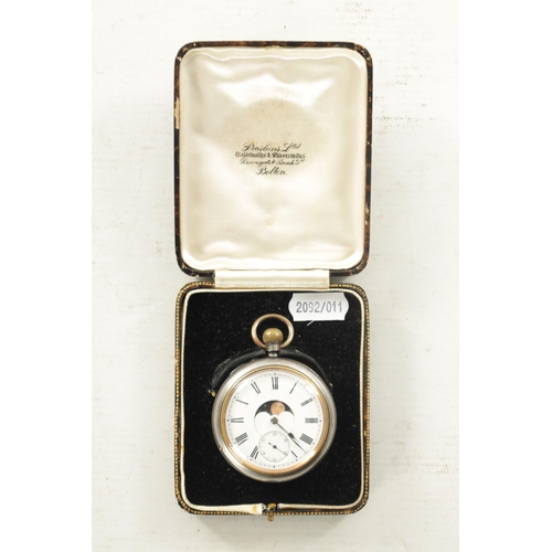 333 - A LATE 19TH CENTURY MOONPHASE POCKET WATCH WITH CALENDAR DIAL ON REVERSE the gunmetal case enclosing... 