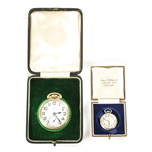 334 - TWO ELGIN OPEN FACED POCKET WATCHES, a small silvered cased fob watch inscribed on the back 