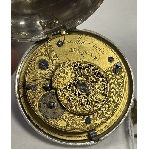 336 - EARDLEY NORTON, LONDON. A GEORGE III SILVER PAIR CASED POCKET WATCH with white enamel dial and Arabi... 