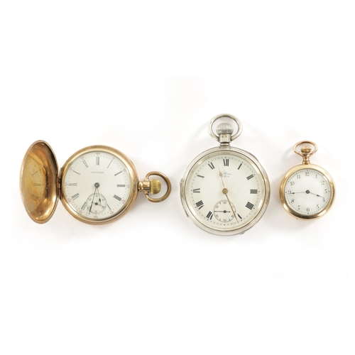 342 - THREE AMERICAN WALTHAM POCKET WATCHES, the gold plated fob watch with Arabic enamel dial fronting a ... 