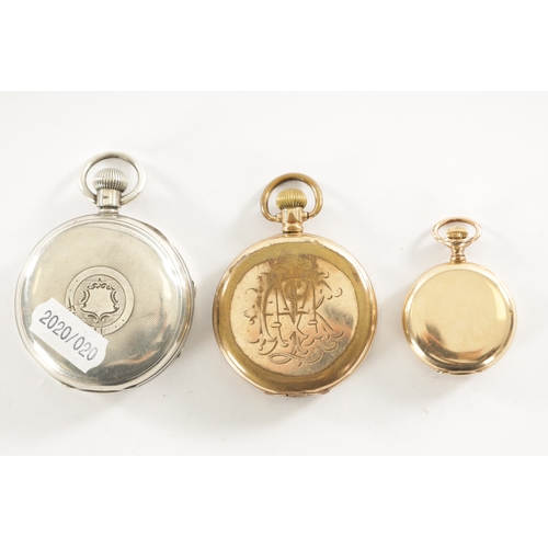 342 - THREE AMERICAN WALTHAM POCKET WATCHES, the gold plated fob watch with Arabic enamel dial fronting a ... 