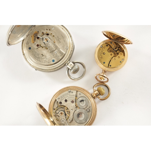 342 - THREE AMERICAN WALTHAM POCKET WATCHES, the gold plated fob watch with Arabic enamel dial fronting a ... 