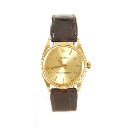 363 - A GENTLEMEN'S 1970 18CT GOLD ROLEX OYSTER WRIST WATCH WITH MONREAU BEZEL, on a Rolex brown crocodile... 